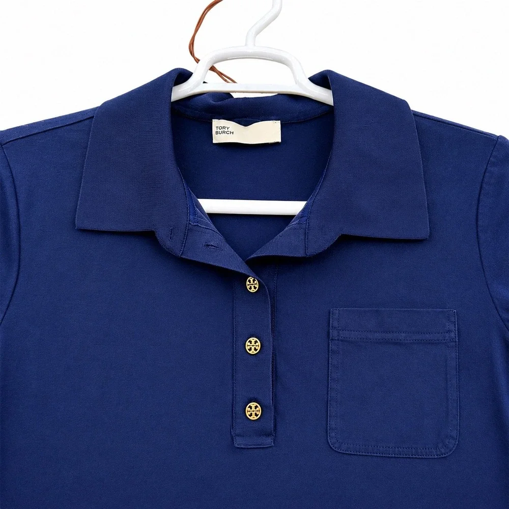 Tory Burch Navy Blue Polo Maxi Dress XXL Gold Logo Buttons Pockets Side Slits